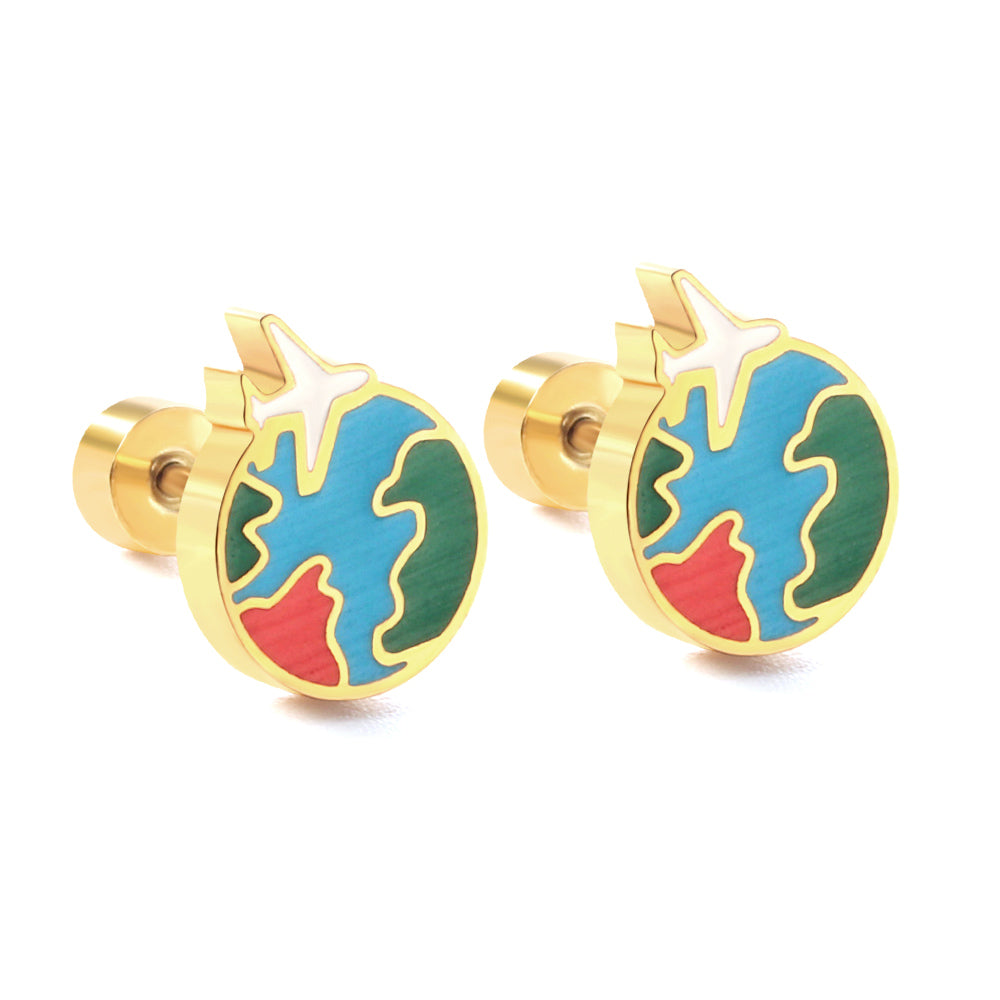 New Fashion Stainless Steel Screw Plug Mixed-color Aircraft + Earth Stud Earrings asonjewelry