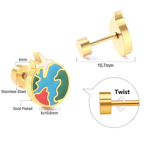 Pendientes con forma de avión y tierra de colores mezclados con tapón roscado de acero inoxidable, nueva moda