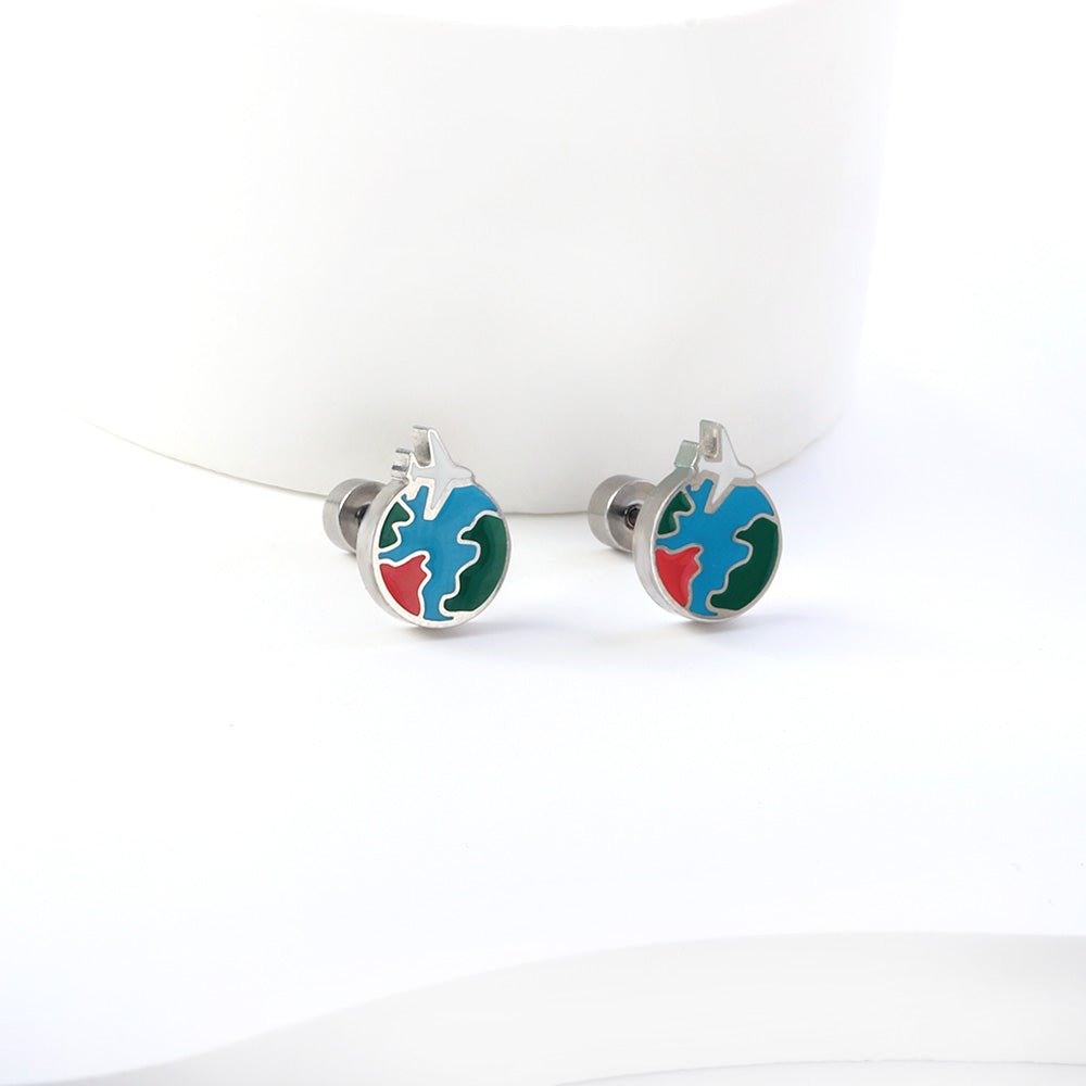 Pendientes con forma de avión y tierra de colores mezclados con tapón roscado de acero inoxidable, nueva moda