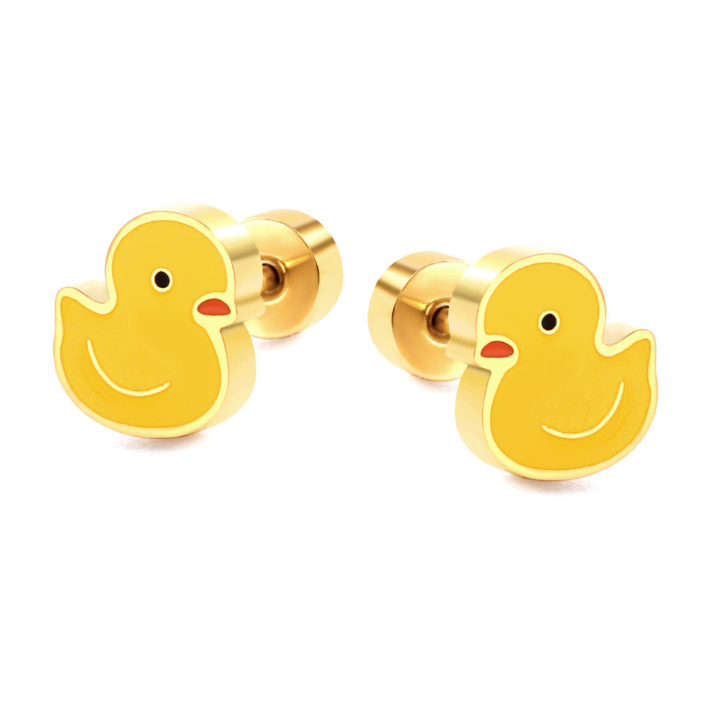 New Fashion Stainless Steel Screw Plug Little Yellow Duck Stud Earrings asonjewelry