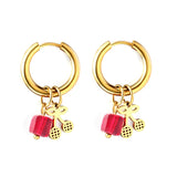 Stainless Steel Circle With Red Square Diamond+Cherry Earrings