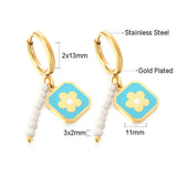 Stainless Steel Circle With 8 White Beads+Square With Blue Peach Blossom Earrings