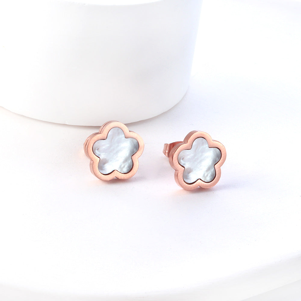 New Stainless Steel Peach Blossoms With White Shell Cutting Stud Earrings