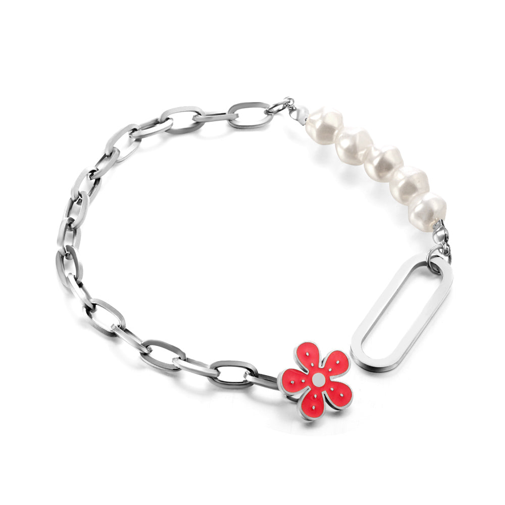 New 5 White Pearl+Red Peach Blossom Accessories Bracelet asonjewelry