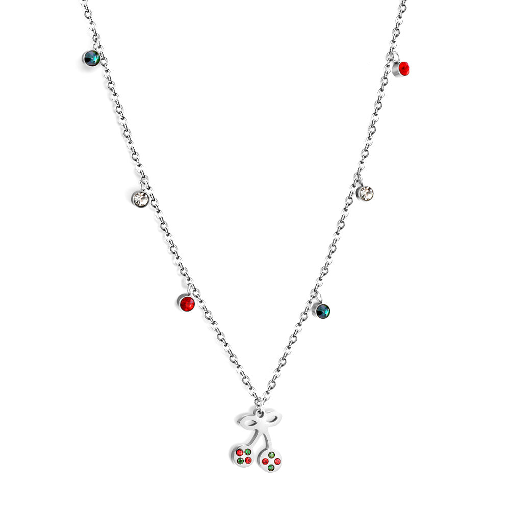New Fashion 6 Mixed Color Round Diamonds+Cherry Mixed Color Drip Oil Accessory Necklace asonjewelry