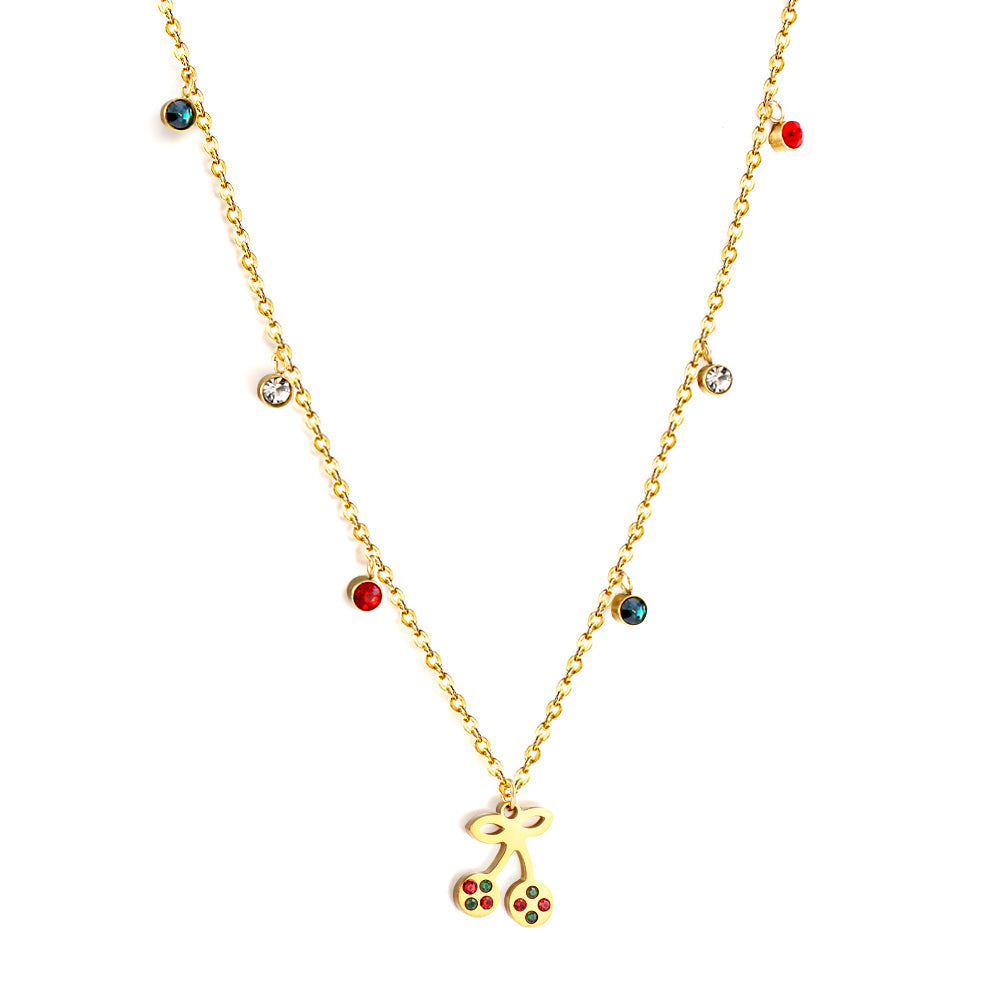 New Fashion 6 Mixed Color Round Diamonds+Cherry Mixed Color Drip Oil Accessory Necklace asonjewelry