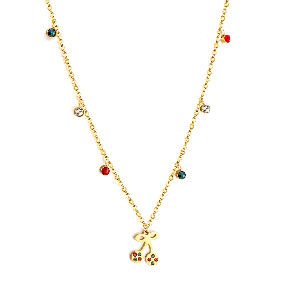 New Fashion 6 Mixed Color Round Diamonds+Cherry Mixed Color Drip Oil Accessory Necklace