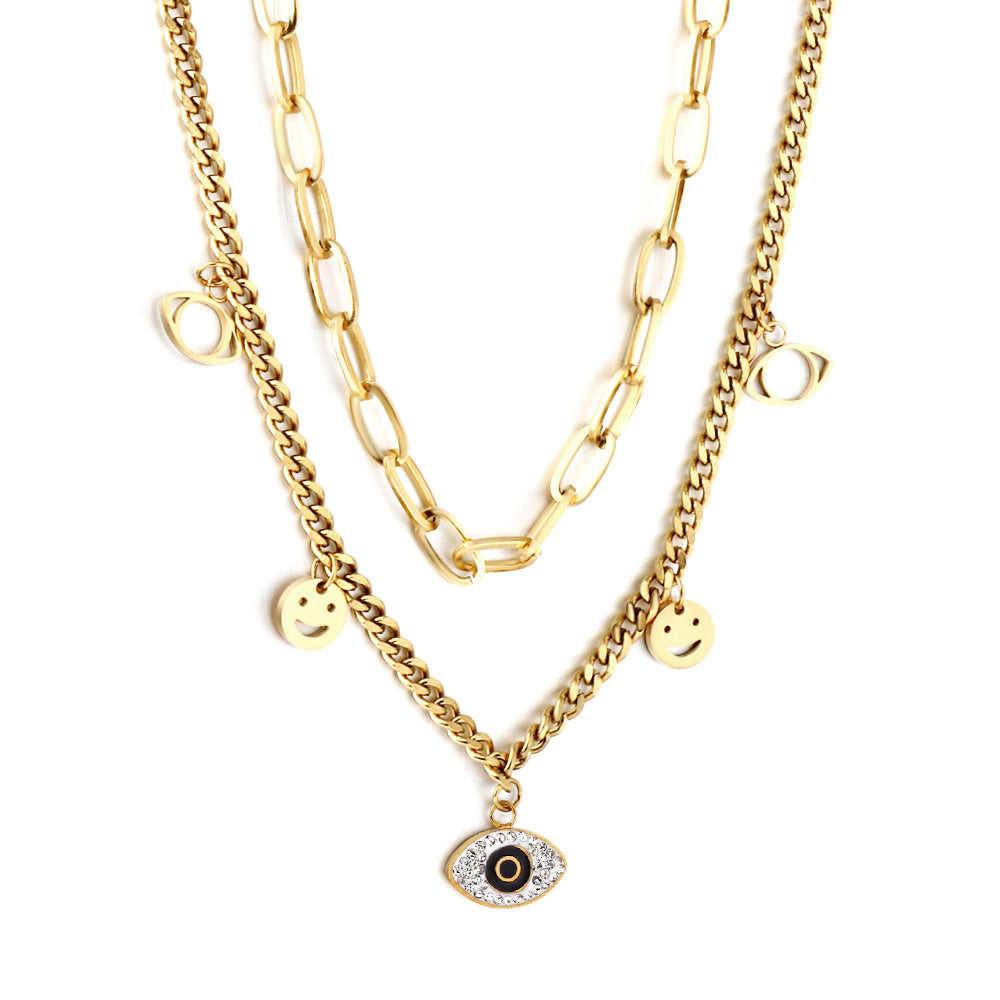 2 Smiley Faces + 2 Hollow Eyes + 1 Eye With Mixed Color Diamond Accessories Double Chain Necklace asonjewelry