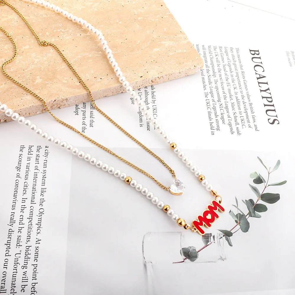 White Pearl Chain MOM Red Letter Accessories + White Heart Diamond Double Chain Necklace asonjewelry