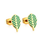 Stainless Steel 18K Gold Plated Leaf Green Cut Stud Earrings