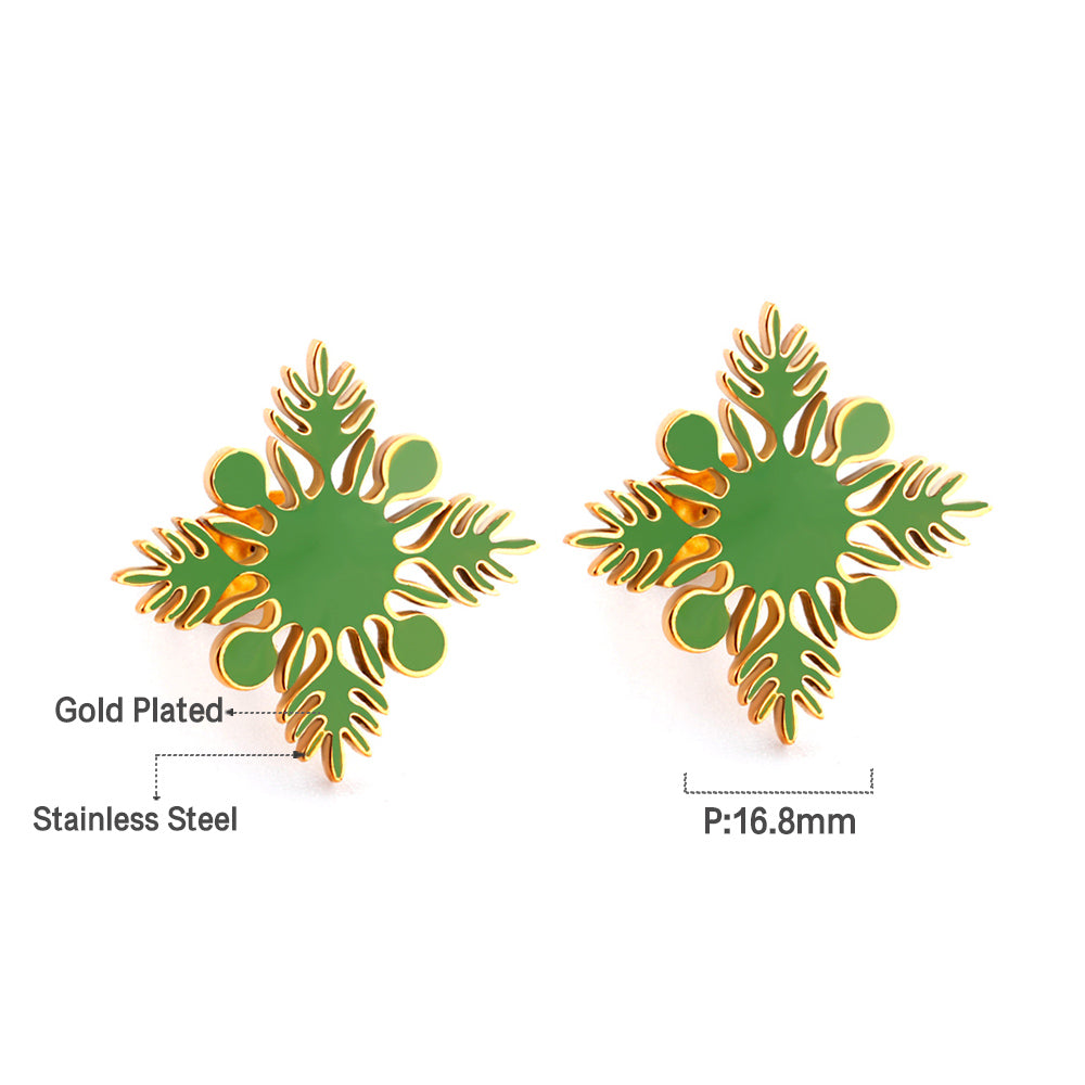 Stainless Steel Green Snowflake Stud Earrings
