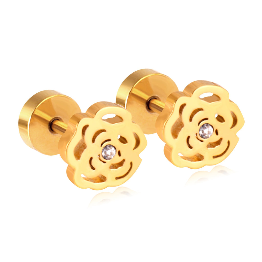 ASON-pendientes de tuerca con forma de flor para mujer, Piercing de estilo romántico, Circonia cúbica, Color dorado, acero inoxidable, joyería hueca para fiesta