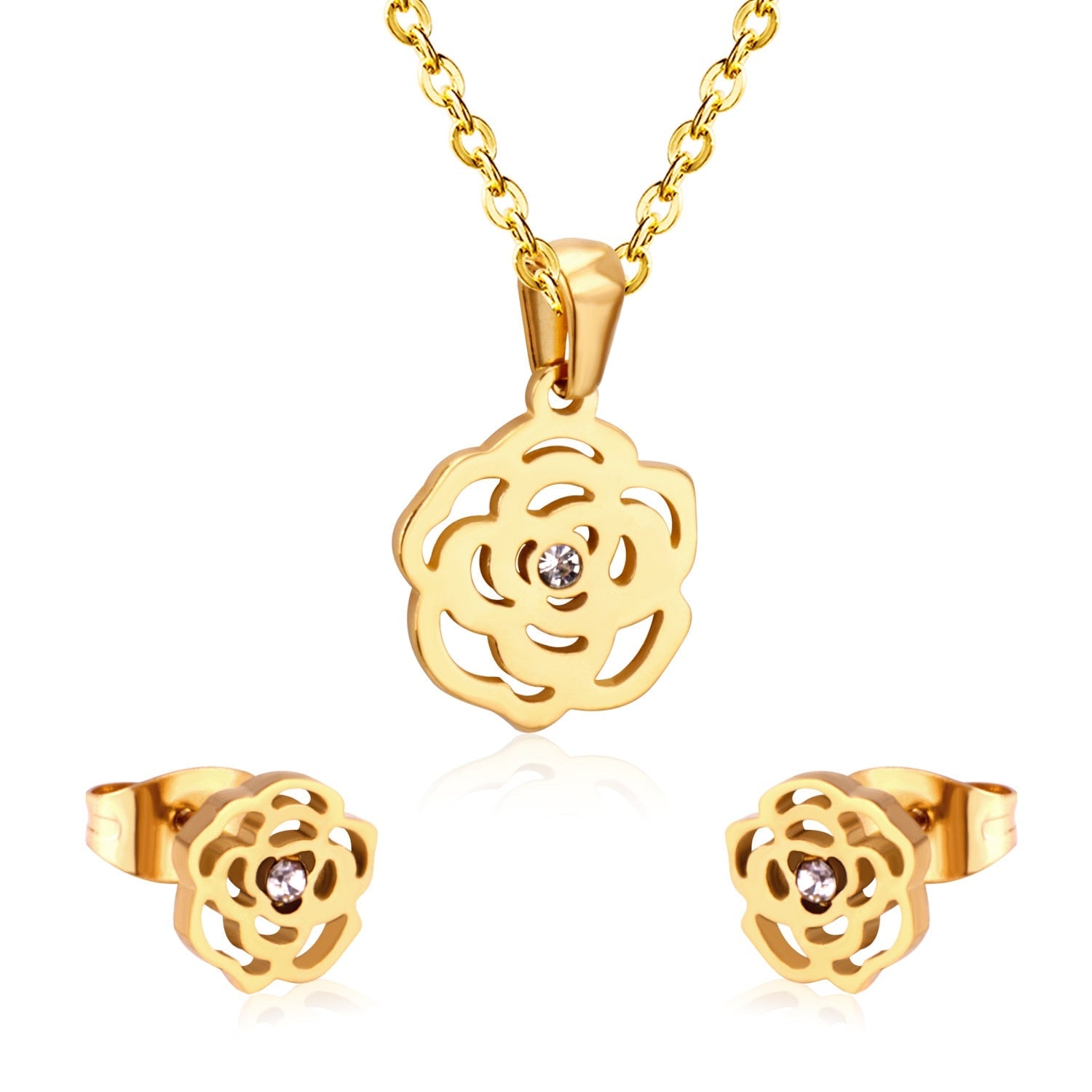 ASON Romantic Flower Shape Pendants Chain Necklace Piercing Stud Earrings Jewelry Sets Stainless Steel Gold Color For Women asonjewelry