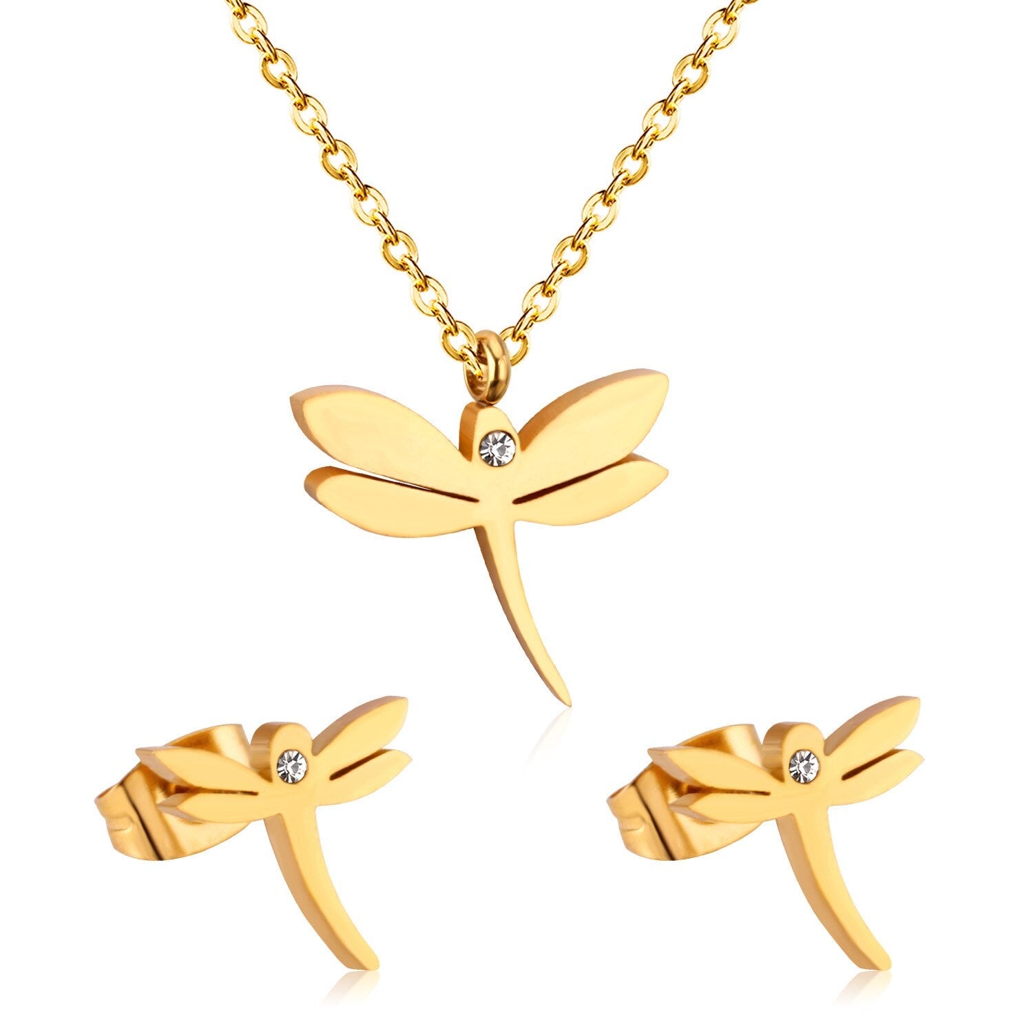 ASON Dragonfly Necklace Earrings Jewelry Set Stainless Steel Gold Color Animal Pendants Necklaces Statement Fashion Jewelry asonjewelry
