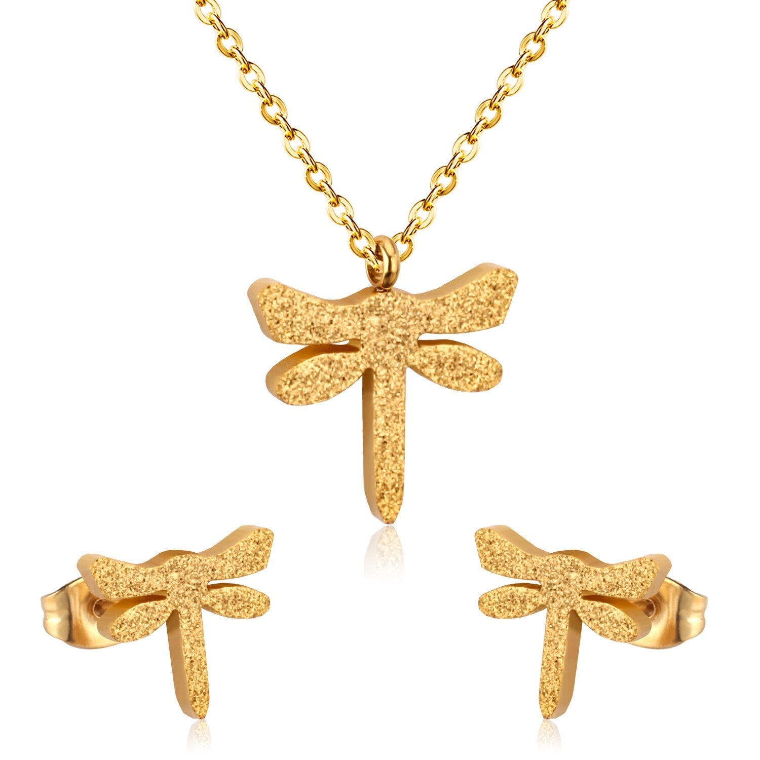 ASON Dragonfly Necklace Earrings Jewelry Set Stainless Steel Gold Color Animal Pendants Necklaces Statement Fashion Jewelry asonjewelry