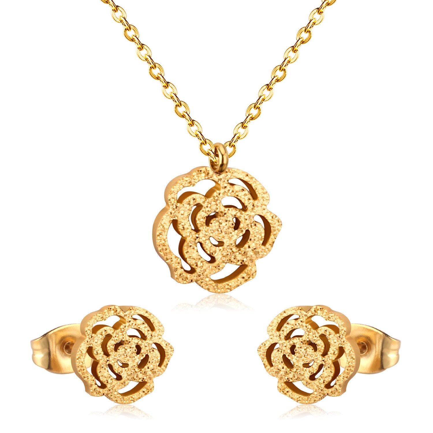 ASON Romantic Flower Shape Pendants Chain Necklace Piercing Stud Earrings Jewelry Sets Stainless Steel Gold Color For Women asonjewelry
