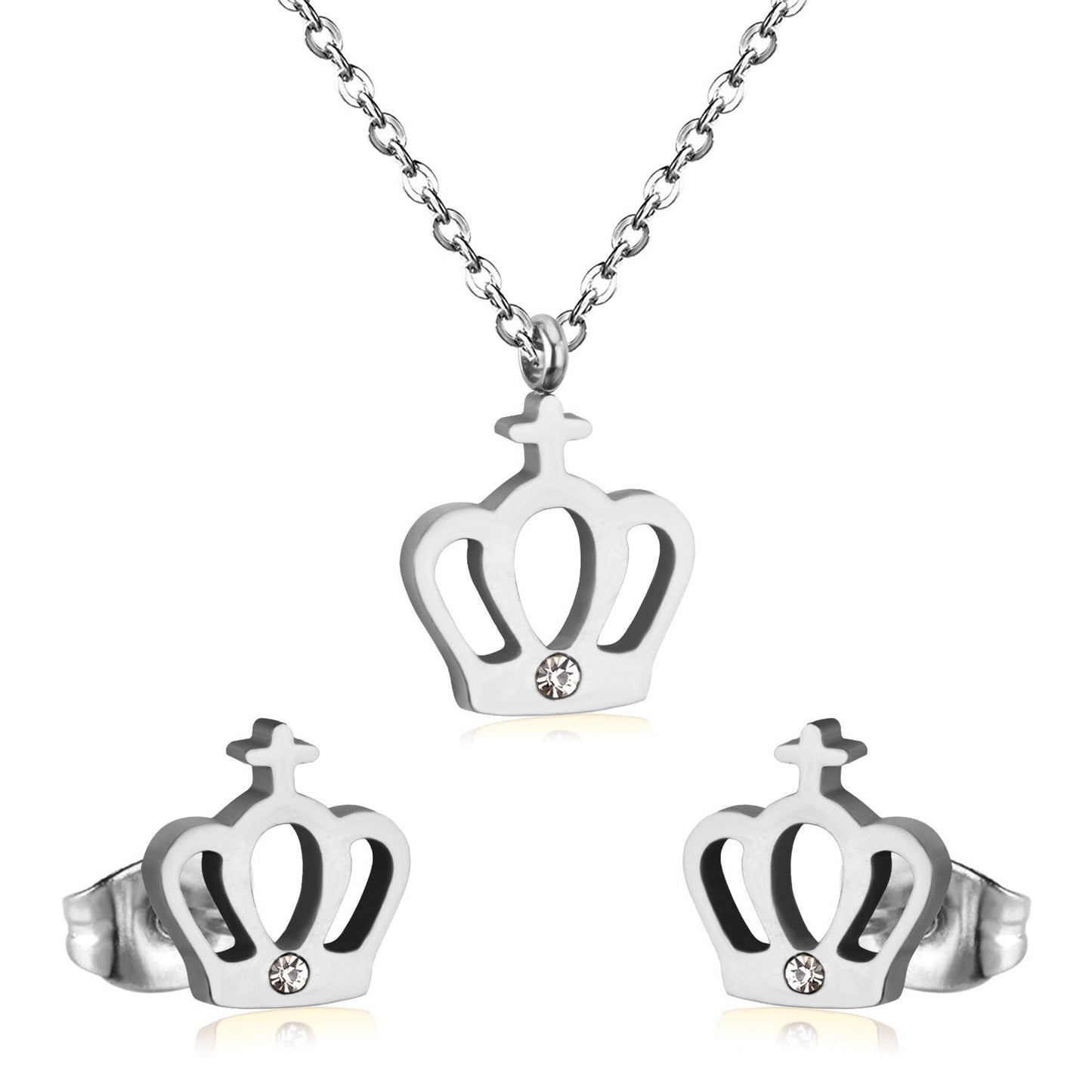 ASON Simple Style Crown Shape Frosted Gold Color Necklace Earrings Stainless Steel for Women Fashion Jewelry Sets Party asonjewelry