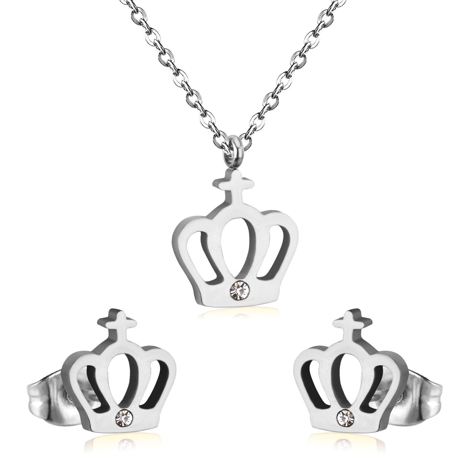 ASON Simple Style Crown Shape Frosted Gold Color Necklace Earrings Stainless Steel for Women Fashion Jewelry Sets Party asonjewelry