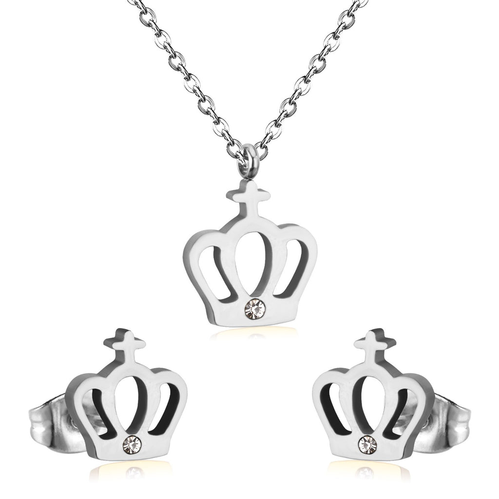 ASON Simple Style Crown Shape Frosted Gold Color Necklace Earrings Stainless Steel for Women Fashion Jewelry Sets Party