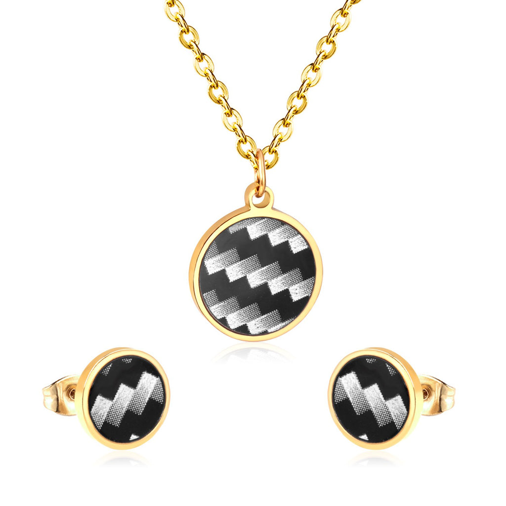 ASON Round  Wedding Shell Carbon Fiber Jewelry Sets Pendant Necklace & Small Stud Earrings 316L Stainless Steel for Women