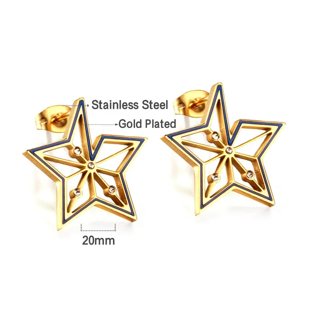 Stainless Steel Textured Metal Star Pendant Drop Huggie Earrings For Women Girls Vintage Waterproof Temperament Hoops asonjewelry
