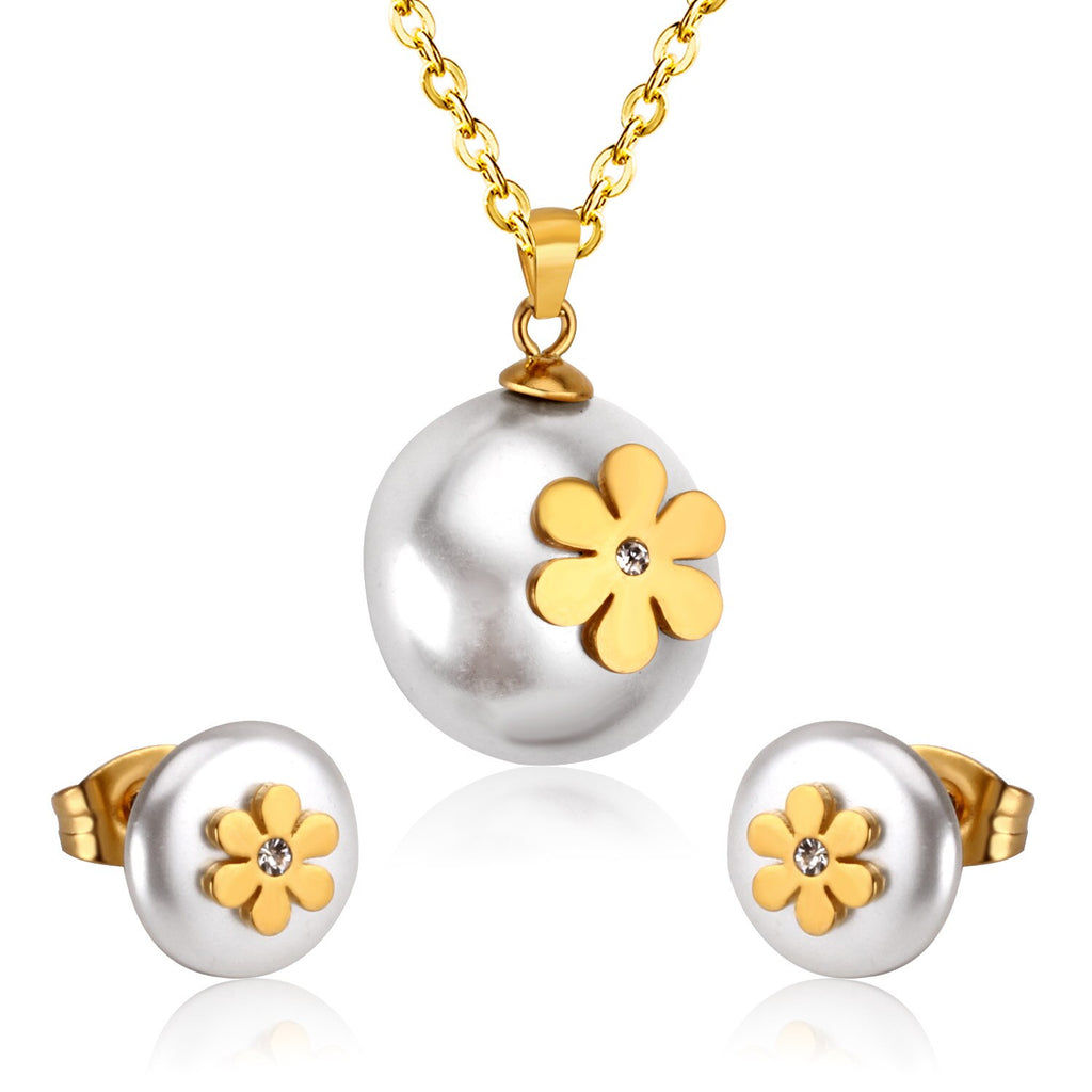 ASON Imitation Pearl Gold Bridal Wedding Jewelry Set for Women 316L Stainless Steel Necklace Pendant Small Stud Earring