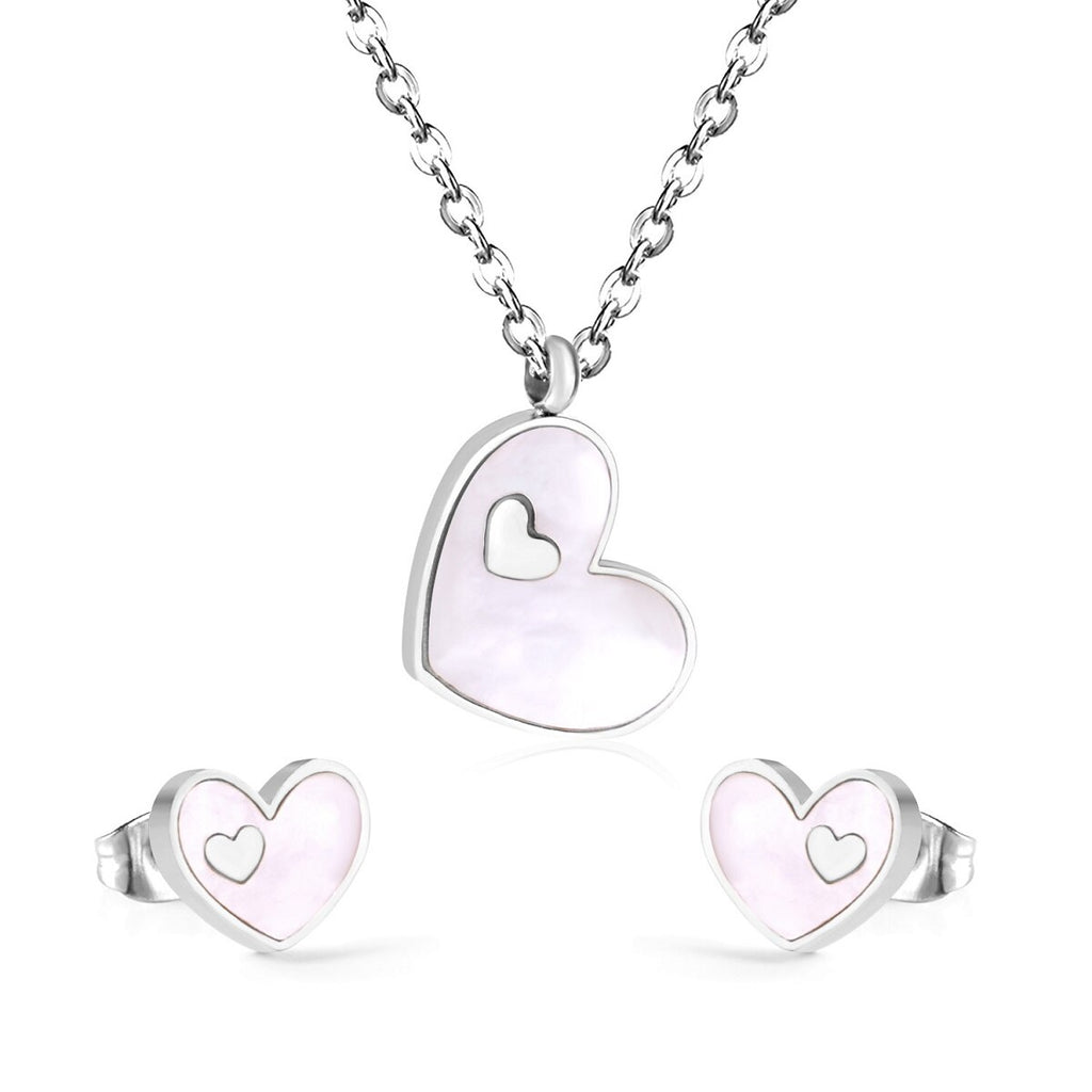 ASON Heart White/Black Shell Pendant Necklace Stud Earring Jewelry Sets Stainless Steel Gold Color Party Accessories Gift