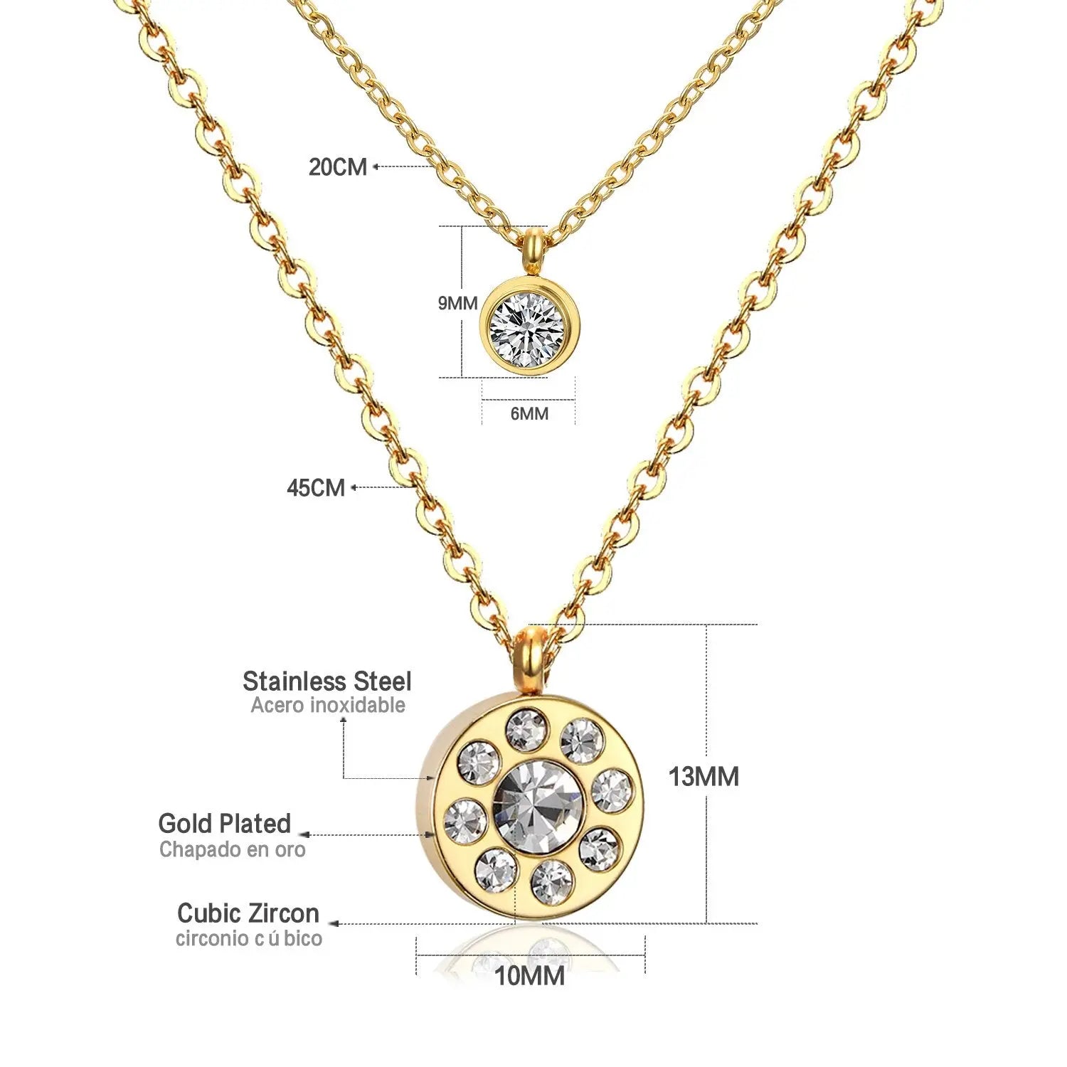 Double Layer Chain Pendants Necklaces For Women Girls Gold Color Silver Tone Stainless Steel CZ Crystal Round Choker asonjewelry