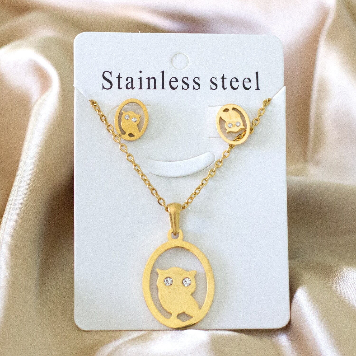 ASON Gold Color 316L Stainless Steel Jewelry Sets for Women Round Owl Pendant Necklace Small Stud Earrings for Femme asonjewelry