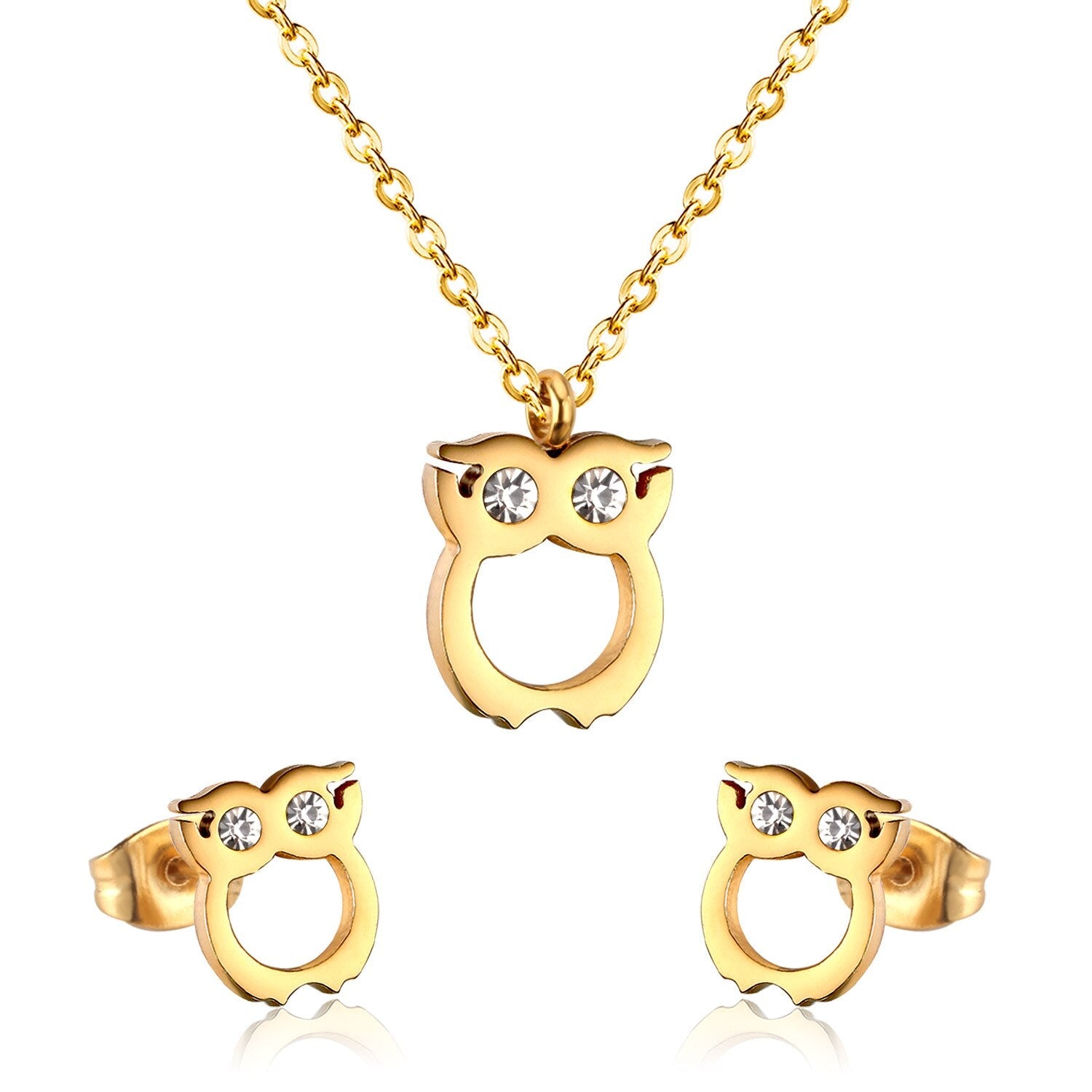 ASON Cute Owl Pendant Necklace Piercing Stud Earrings Jewelry Sets Stainless Steel Gold Color For Women Wholesale Fashion asonjewelry