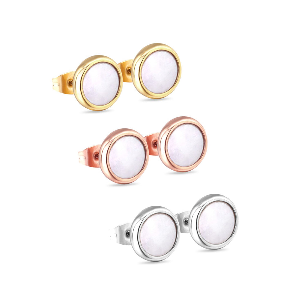 ASON elegantes pendientes de tuerca de concha blanca/negra, 3 par/lote, pendiente redondo de 8mm, joyería de acero inoxidable para mujer, regalo de fiesta