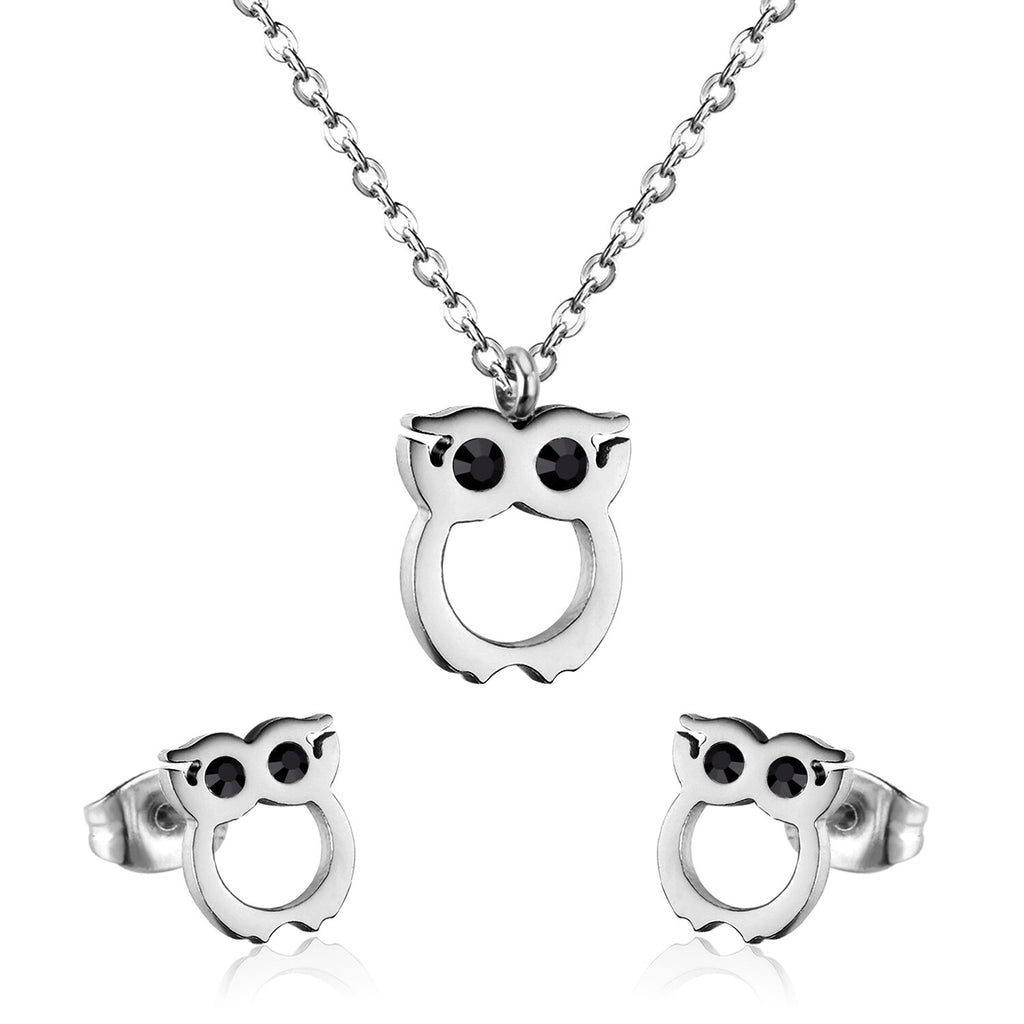 ASON Cute Owl Pendant Necklace Piercing Stud Earrings Jewelry Sets Stainless Steel Gold Color For Women Wholesale Fashion