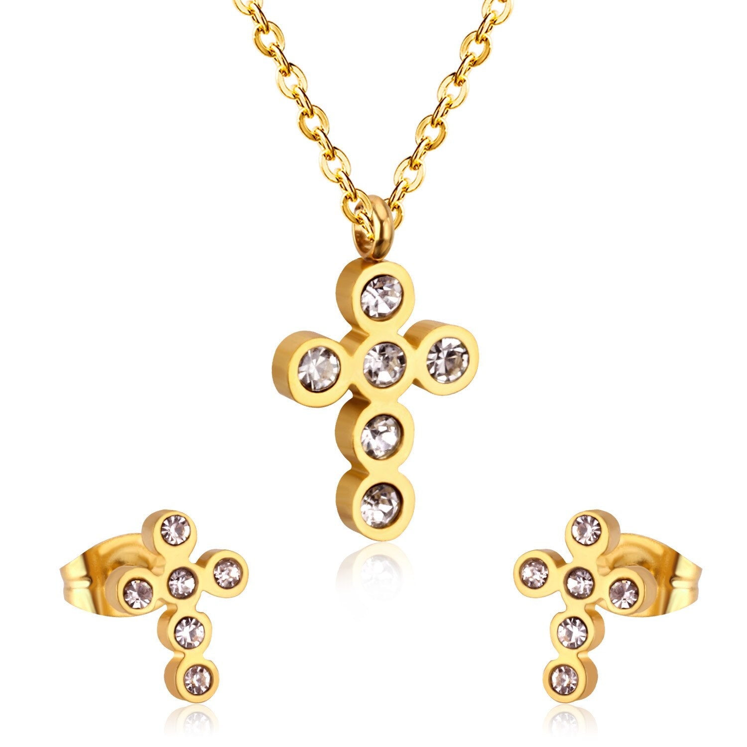 ASON Classical Cross Wedding Zirconia Jewelry Set Pendant Necklace & Drop Stud Earrings Gold 316L Stainless Steel for Women asonjewelry