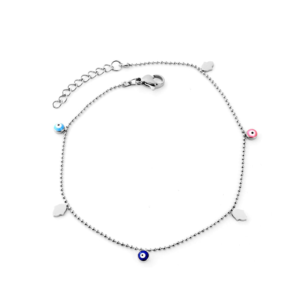 ASON Hands Palm Mixed Color Turkey Evil Eye Round Ball Beaded Chain Anklet Stainless Steel For Women Mini Jewelry Bracelets asonjewelry