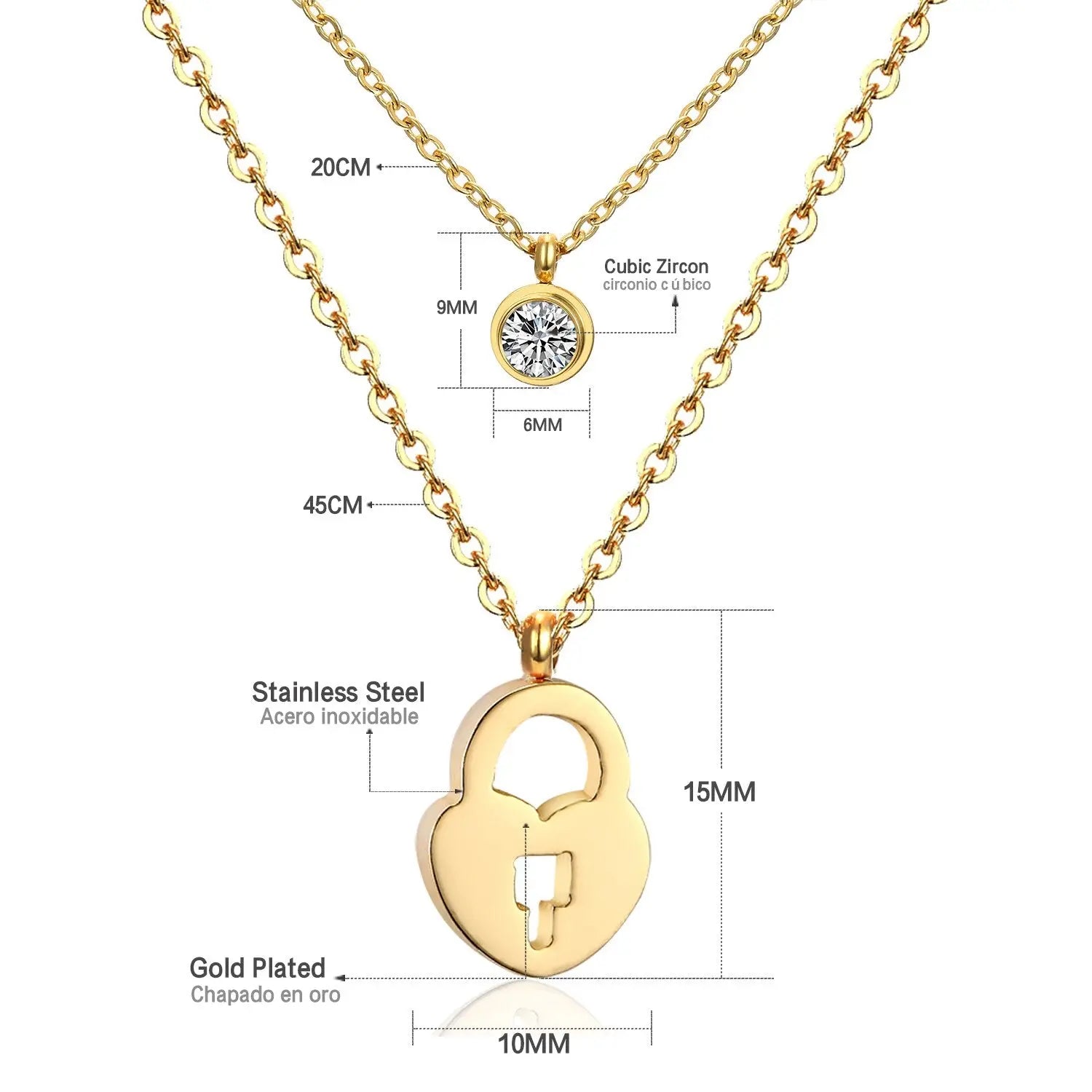 Double Layer Chain Pendants Necklaces For Women Girls Gold Color Silver Tone Stainless Steel CZ Crystal Round Choker asonjewelry