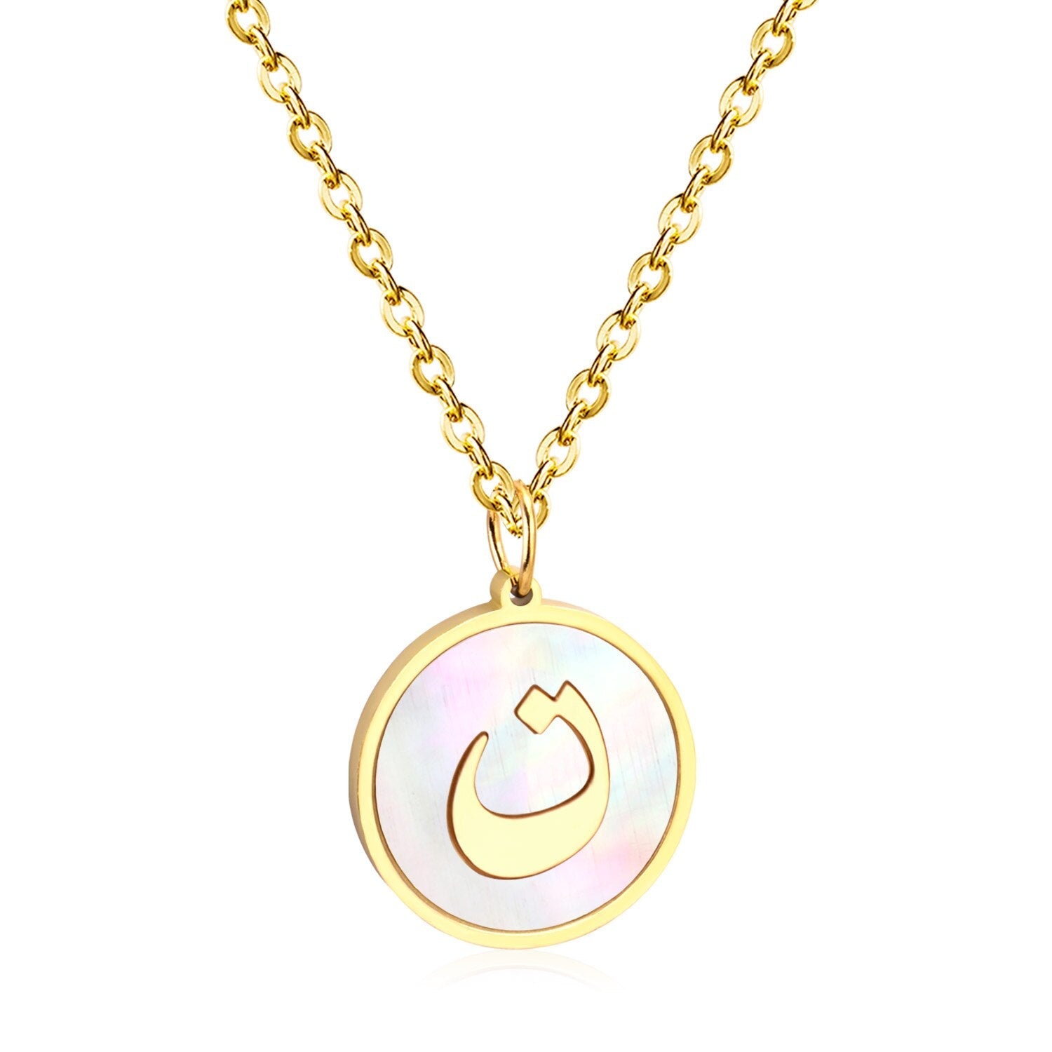 ASON White Shell Gold Color Initial Letter Fashion Pendant Necklace Stainless Steel Alphabet Link Chain for Gift asonjewelry