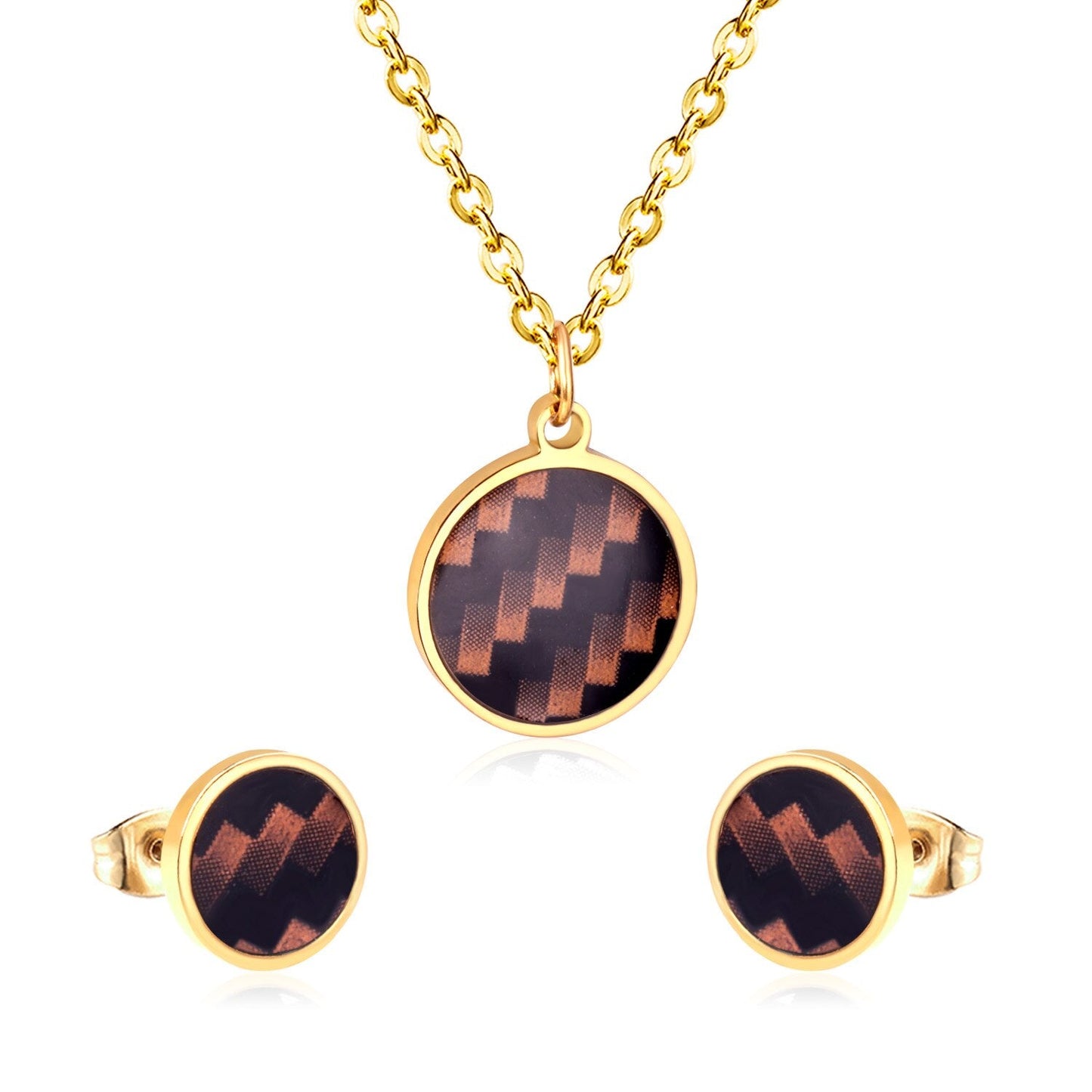 ASON Round Wedding Shell Carbon Fiber Jewelry Sets Pendant Necklace & Small Stud Earrings 316L Stainless Steel for Women asonjewelry