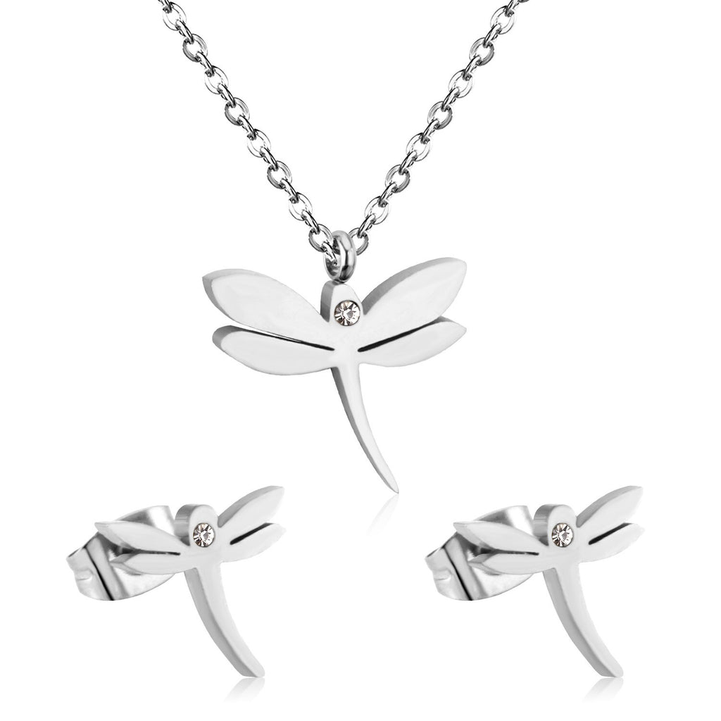 ASON Dragonfly Necklace Earrings Jewelry Set Stainless Steel Gold Color Animal Pendants Necklaces Statement Fashion Jewelry