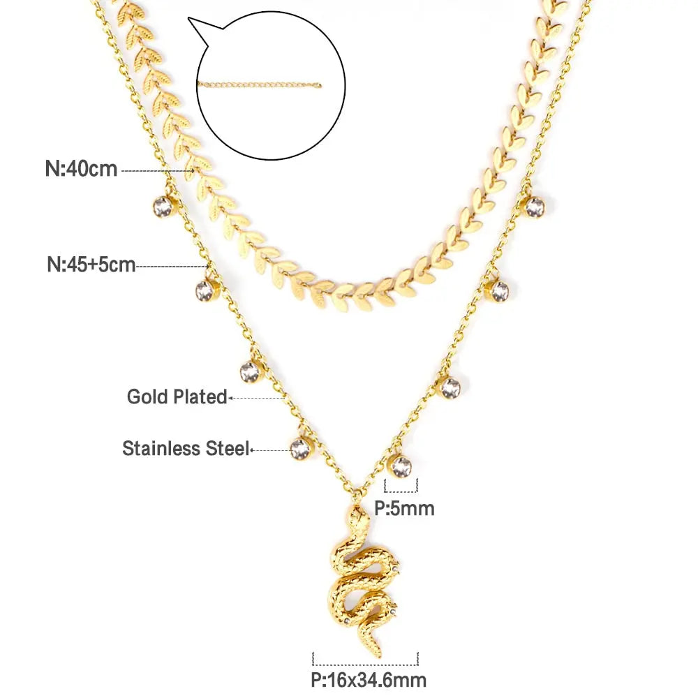 Gothic Multilayer Snake Crystal Necklace Women Gold Color Stainless Steel Double Chain Bohemian 2022 Trendy Jewelry asonjewelry