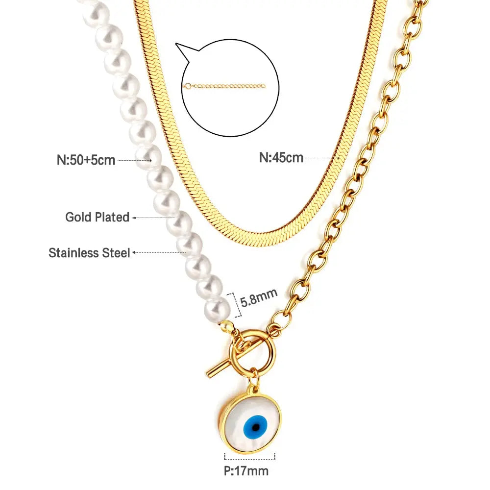 Fashion Shell Evil Eye Pendant Necklace Snake Pearl Double Chain For Women Stainless Steel Turkish Wedding Party Gifts asonjewelry