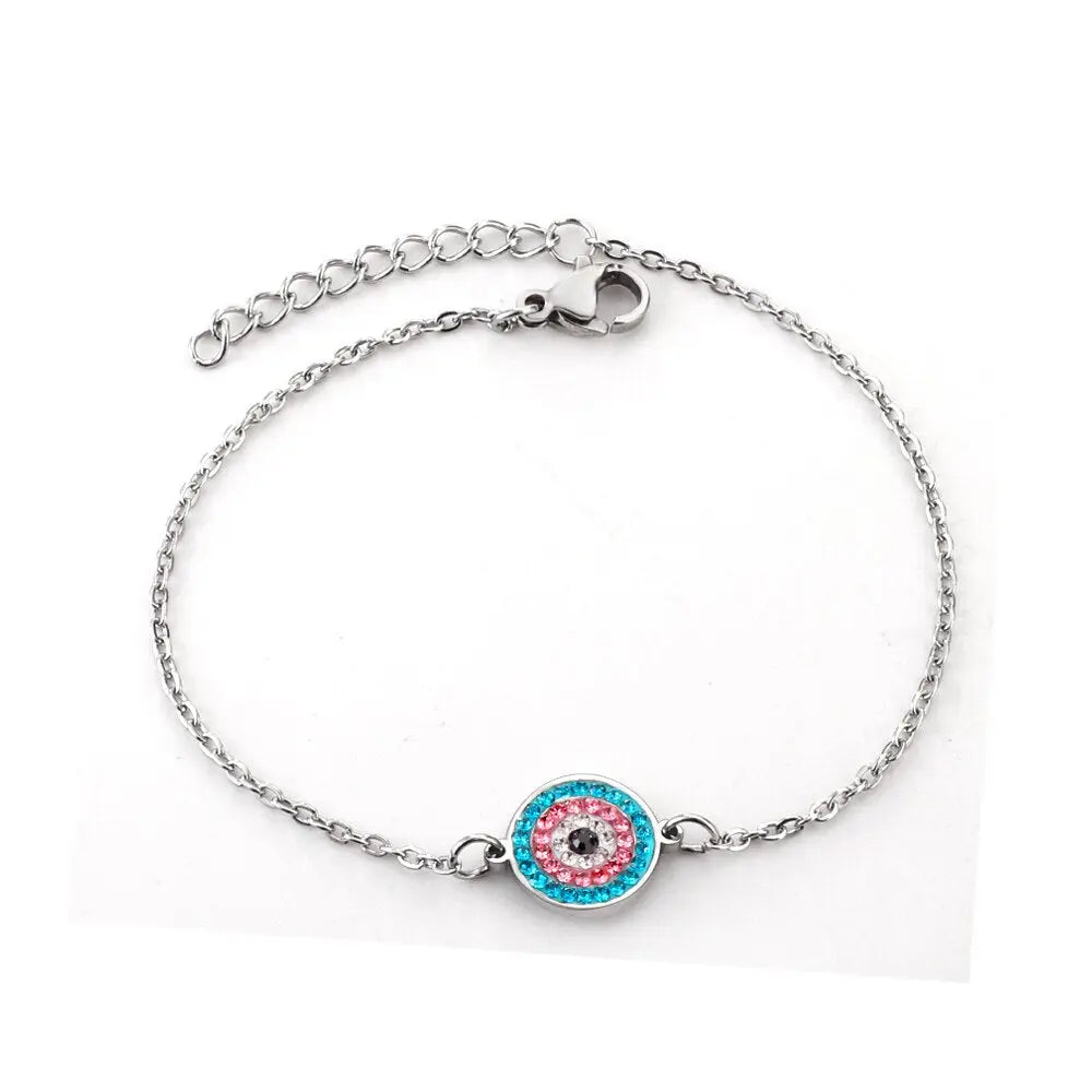 New Style Stainless Steel Colorful Cubic Zirconia Blue Eye Round Pendants Chains Bracelets Turkey No Fade Extenders asonjewelry