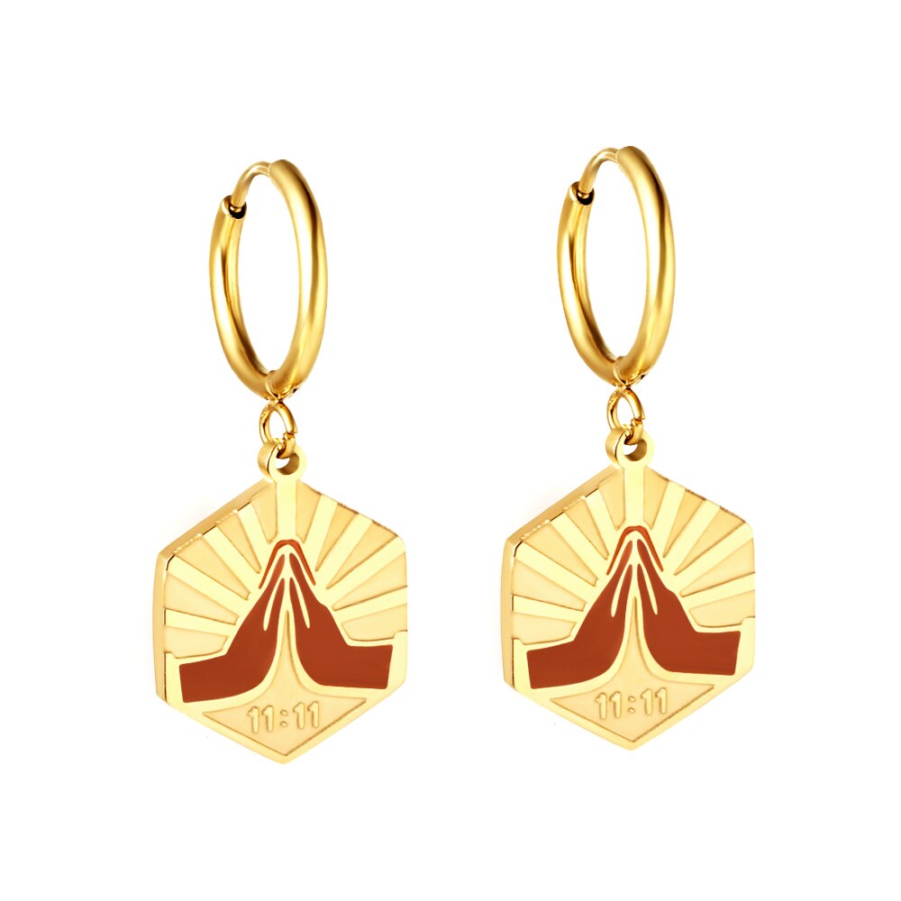 ASON Trendy Hexagon Champagne Palms Together Pattern Piercing Drop Earrings Gold Color Stainless Steel For Women Jewelry