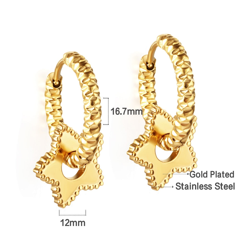 Stainless Steel Textured Metal Star Pendant Drop Huggie Earrings For Women Girls Vintage Waterproof Temperament Hoops