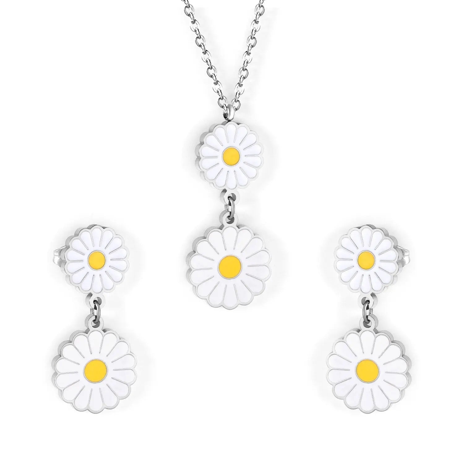 Romantic Stlye Cubic Zirconia Dripping Oil Flower Necklace Earrings Set Bijoux White Color For Women Pendants Collars asonjewelry