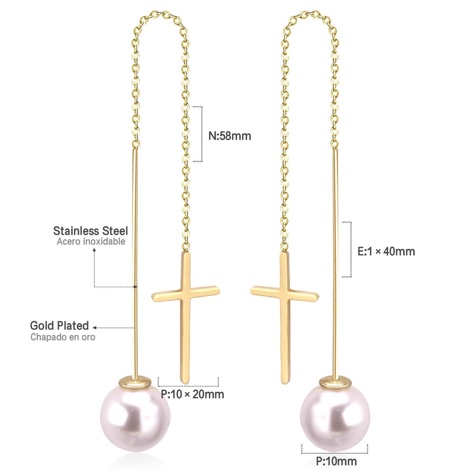 ASON Long Line Link Chain Imitation Pearl Dangle Earrings for Women Gold Color Cross Earrings Female Bijoux Pendientes asonjewelry