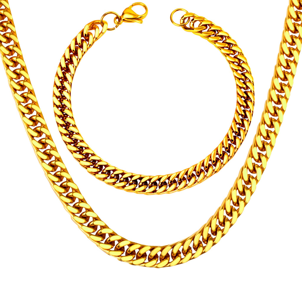 ASON 7mm Link Chians Jewelry Set Gold Color Stainless Steel Cuban Chain Necklace Bracelet Bangle Set For Women Men Fashion