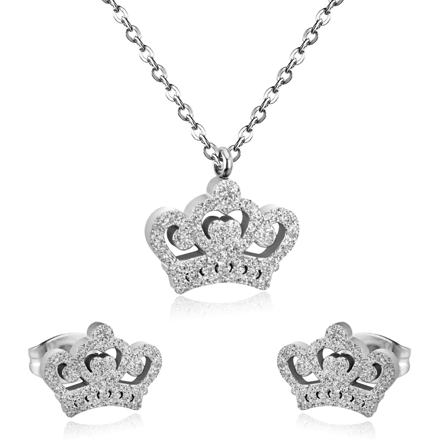 ASON Simple Style Crown Shape Frosted Gold Color Necklace Earrings Stainless Steel for Women Fashion Jewelry Sets Party asonjewelry