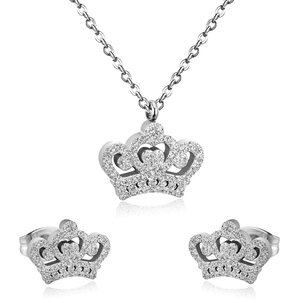 ASON Simple Style Crown Shape Frosted Gold Color Necklace Earrings Stainless Steel for Women Fashion Jewelry Sets Party