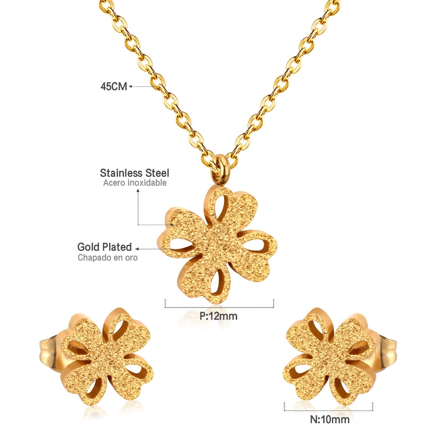 ASON Frosted Flower Chain Pendant Necklace Piercing Earrings Gold Color Stainless Steel for Women Jewelry Sets Fashion asonjewelry