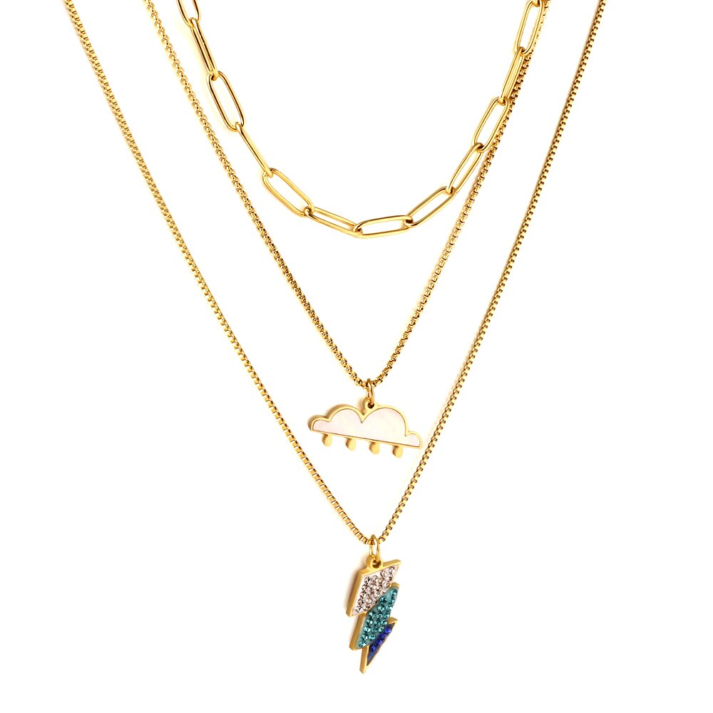ASON Vintage Lightning And Could Charm Multi-layer Chain Pendant Necklace Gold Color Stainless Steel For Women Jewelry Gift asonjewelry